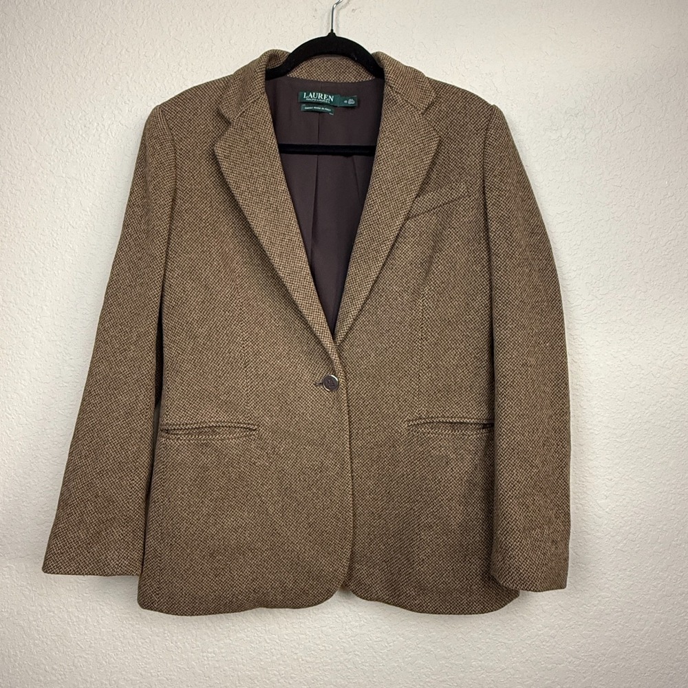 Lauren Ralph Lauren Women's Brown Tweed Blazer Wool Silk Blend Italian Sz 10